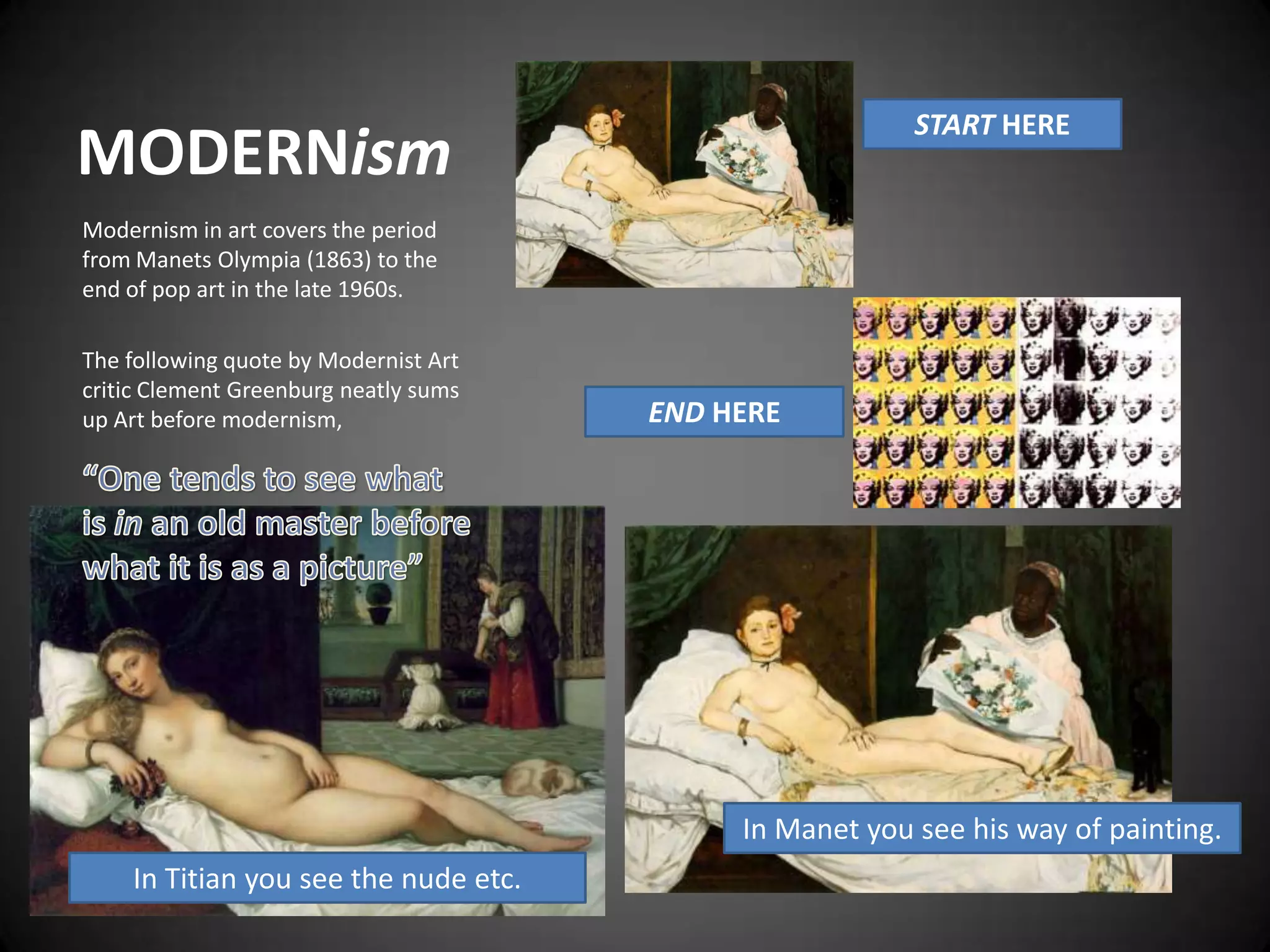 MODERNismSTART HEREModernism in art covers the period from Manets Olympia (1863) to the end of pop art in the late 1960s.The following quote by Modernist Art critic Clement Greenburg neatly sums up Art before modernism,“One tends to see what is in an old master before what it is as a picture”END HEREIn Manet you see his way of painting.In Titian you see the nude etc.