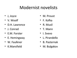 Modernist novelists
•
•
•
•
•
•
•
•

J, Joyce
V. Woolf
D.H. Lawrence
J. Conrad
E.M. Forster
E. Hemingway
W. Faulkner
K.Man...