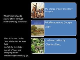 • The Charge of Light Brigade by
Tennyson.

Woolf’s intention to
create effect through
other works of literature!

Middlemarch by George
Eliot

Lines in Luriana Lurilee:
“And all the lives we ever
lived
And all the lives to be
Are full of trees and
changing leaves”
Indication of harmony of life.

Luriana Lurilee by
Charles Elton.

 