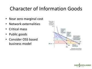 Character of Information Goods
• Near zero marginal cost
• Network externalities
• Critical mass
• Public goods
• Consider OSS based
business model
 