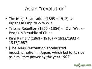 Asian “revolution”
• The Meiji Restoration (1868 – 1912) ->
Japanese Empire -> WW 2
• Taiping Rebellion (1850 - 1864) -> Civil War ->
People’s Republic of China
• King Rama V (1868 - 1910) -> 1912/1932 ->
1947/1957
• [The Meiji Restoration accelerated
industrialization in Japan, which led to its rise
as a military power by the year 1905]
 