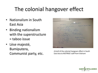 The colonial hangover effect
• Nationalism in South
East Asia
• Binding nationalism
with the superstructure
= taboo issue
• Lèse majesté,
Bumiputera,
Communist party, etc.
A brief of the colonial hangover effect in South
East Asia to NISTPASS' staff from Vietnam
 