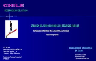 CHILE  MODERNIZACION DEL ESTADO ENZO GONZALEZ BASSO INGENIERO MECANICO, [email_address] CREACION DEL FONDO ECONOMICO DE SEGURIDAD FAMILIAR FONDOS DE PENSIONES MAS EXCEDENTES EN SALUD,  Recursos propios LEY DEL IVA: Para Crear: FONDO ECONÓMICO DE Seguridad  Familiar  y Financiar:  Salud – Educación Registro de Propiedad Intelectual Nª 168457 DEVOLUCION DE  EXCEDENTES, EN SALUD 