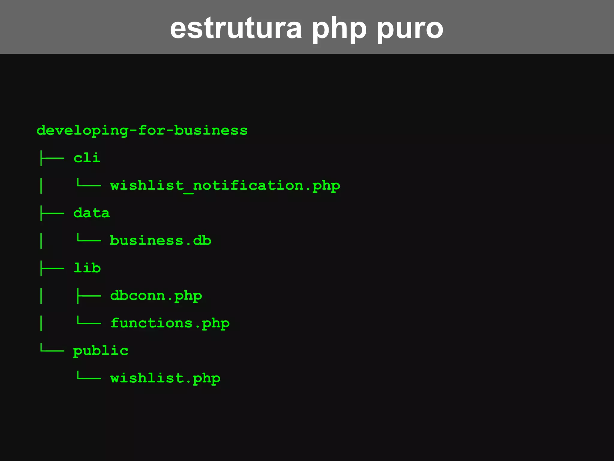 developing-for-business
├── cli
│ └── wishlist_notification.php
├── data
│ └── business.db
├── lib
│ ├── dbconn.php
│ └── functions.php
└── public
└── wishlist.php
estrutura php puro
 
