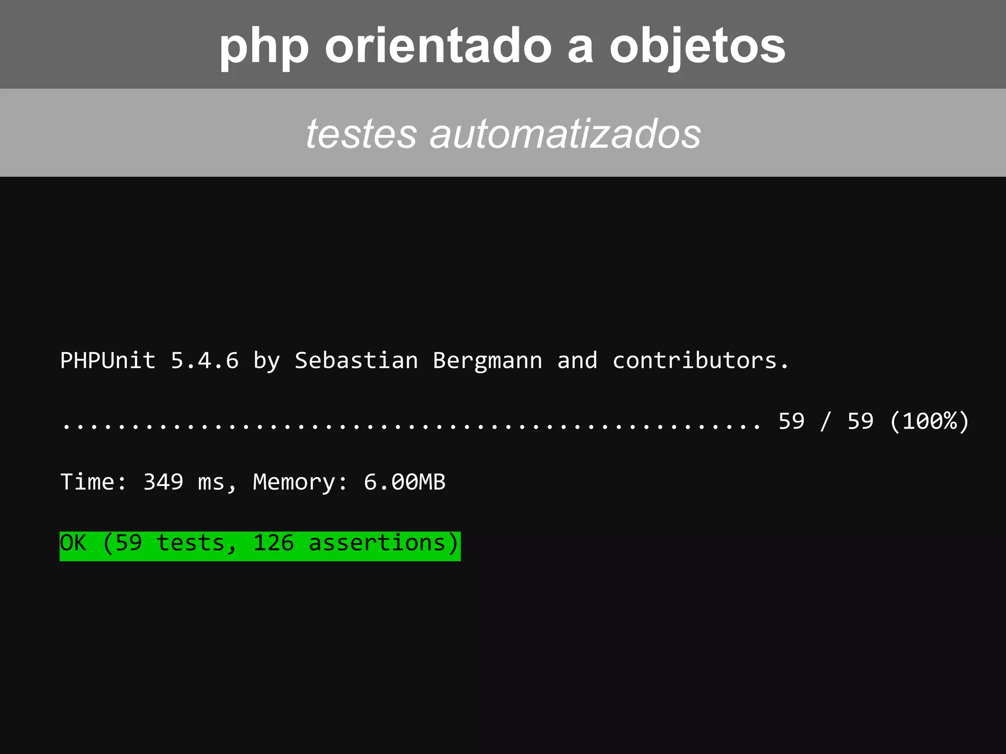 PHPUnit 5.4.6 by Sebastian Bergmann and contributors.
................................................... 59 / 59 (100%)
Time: 349 ms, Memory: 6.00MB
OK (59 tests, 126 assertions)
testes automatizados
php orientado a objetos
 