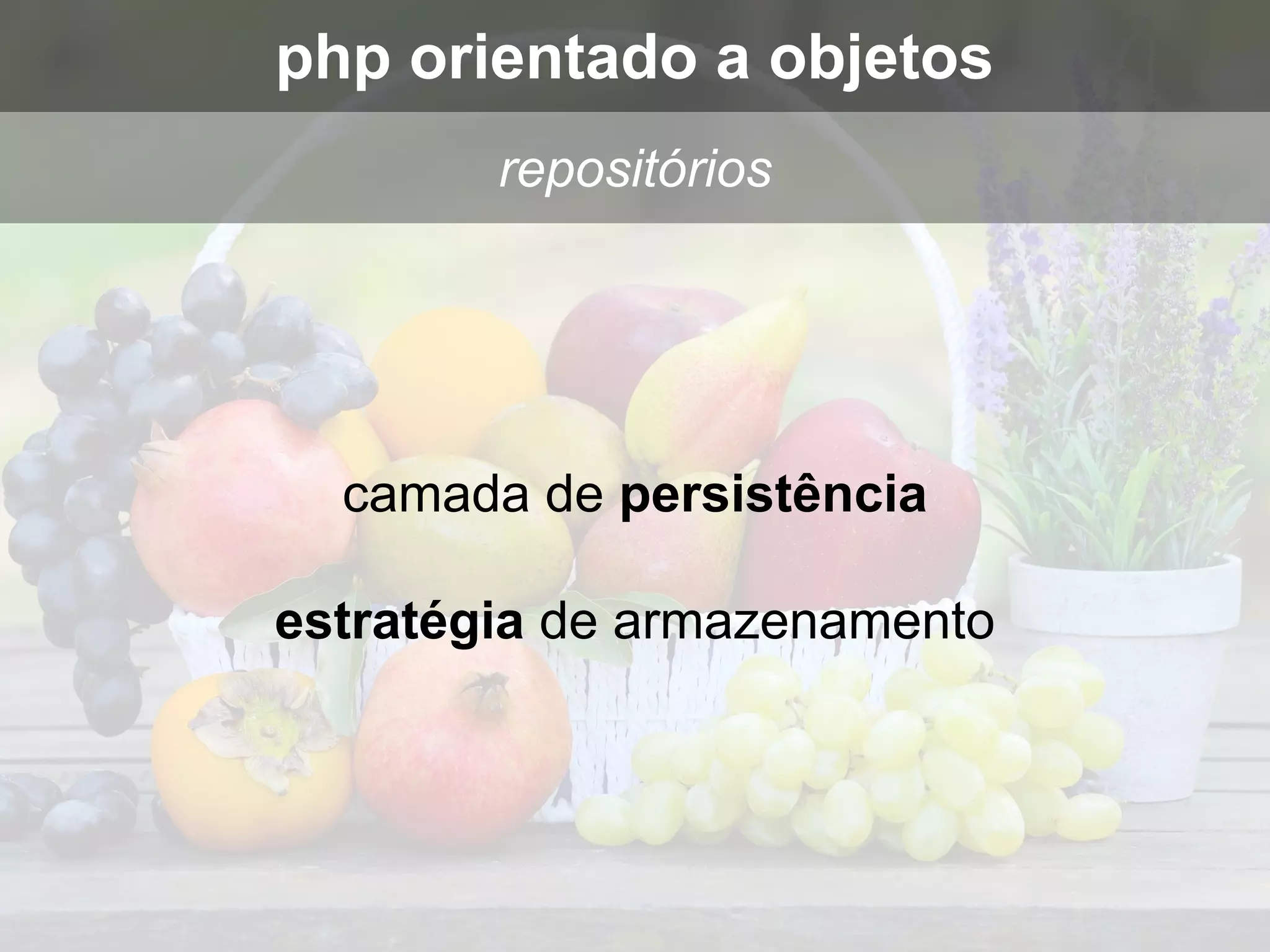 camada de persistência
estratégia de armazenamento
repositórios
php orientado a objetos
 