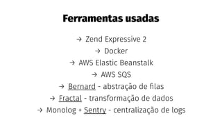 Ferramentas usadas
→ Zend Expressive 2
→ Docker
→ AWS Elastic Beanstalk
→ AWS SQS
→ Bernard - abstração de ﬁlas
→ Fractal - transformação de dados
→ Monolog + Sentry - centralização de logs
 