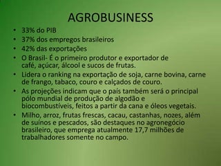 AGROBUSINESS33% do PIB37% dos empregos brasileiros42% das exportaçõesO Brasil- É o primeiro produtor e exportador de café, açúcar, álcool e sucos de frutas. Lidera o ranking na exportação de soja, carne bovina, carne de frango, tabaco, couro e calçados de couro. As projeções indicam que o país também será o principal pólo mundial de produção de algodão e biocombustíveis, feitos a partir da cana e óleos vegetais. Milho, arroz, frutas frescas, cacau, castanhas, nozes, além de suínos e pescados, são destaques no agronegócio brasileiro, que emprega atualmente 17,7 milhões de trabalhadores somente no campo.