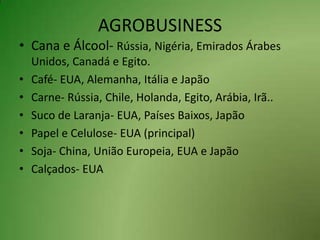 AGROBUSINESSCana e Álcool- Rússia, Nigéria, Emirados Árabes Unidos, Canadá e Egito. Café- EUA, Alemanha, Itália e JapãoCarne- Rússia, Chile, Holanda, Egito, Arábia, Irã..Suco de Laranja- EUA, Países Baixos, JapãoPapel e Celulose- EUA (principal)Soja- China, União Europeia, EUA e JapãoCalçados- EUA