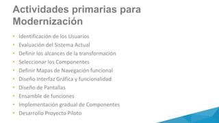 • Identificación de los Usuarios
• Evaluación del Sistema Actual
• Definir los alcances de la transformación
• Seleccionar los Componentes
• Definir Mapas de Navegación funcional
• Diseño Interfaz Gráfica y funcionalidad
• Diseño de Pantallas
• Ensamble de funciones
• Implementación gradual de Componentes
• Desarrollo Proyecto Piloto
Actividades primarias para
Modernización
 