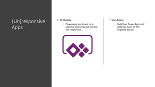(Un)responsive
Apps
• Problem
• PowerApps are based on a
tablet or phone layout and are
not responsive.
• Solutions
• Build two PowerApps and
optimize each for the
targeted device.
 