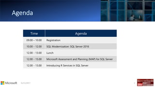 01/11/2017 2
Time Agenda
09.00 - 10.00 Registration
10.00 - 12.00 SQL Modernization: SQL Server 2016
12.00 - 13.00 Lunch
12.00 - 15.00 Microsoft Assessment and Planning (MAP) for SQL Server
12.00 - 13.00 Introducing R Services in SQL Server
 