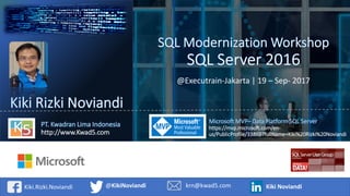 http://www.Kwad5.com
Kiki.Rizki.Noviandi @KikiNoviandi krn@kwad5.com
https://mvp.microsoft.com/en-
us/PublicProfile/33869?fullName=Kiki%20Rizki%20Noviandi
Kiki Noviandi
@Executrain-Jakarta | 19 – Sep- 2017
 