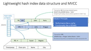 Lightweight hash index data structure and MVCC
50, ∞ John Paris
Timestamps NameChain ptrs City
Hash index
on Name
Transaction 100:
UPDATE City = ‘Prague’ where Name = ‘John’
No locks of any kind, no interference with transaction 99
100, ∞ John Prague
90, ∞ Susan Bogota
f(John)
100
Transaction 99: Running compiled query
SELECT City WHERE Name = ‘John’
Simple hash lookup returns direct pointer to ‘John’ row
Background operation will unlink and deallocate the old
‘John’ row after transaction 99 completes.
Hekaton Principle:
• Performance like a cache
• Functionality like a RDMBS
 