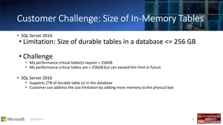 01/11/2017 33
• SQL Server 2014
• Limitation: Size of durable tables in a database <= 256 GB
• Challenge
• My performance critical table(s) require > 256GB
• My performance critical tables are < 256GB but can exceed this limit in future
• SQL Server 2016
• Supports 2TB of durable table (s) in the database
• Customer can address the size limitation by adding more memory to the physical box
 