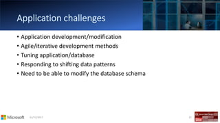01/11/2017 37
• Application development/modification
• Agile/iterative development methods
• Tuning application/database
• Responding to shifting data patterns
• Need to be able to modify the database schema
 