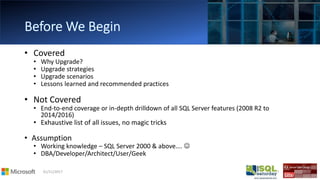 01/11/2017 39
• Covered
• Why Upgrade?
• Upgrade strategies
• Upgrade scenarios
• Lessons learned and recommended practices
• Not Covered
• End-to-end coverage or in-depth drilldown of all SQL Server features (2008 R2 to
2014/2016)
• Exhaustive list of all issues, no magic tricks
• Assumption
• Working knowledge – SQL Server 2000 & above…. ☺
• DBA/Developer/Architect/User/Geek
 