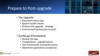 01/11/2017 49
• The Upgrade
• Document every step
• System health checks
• Perform the upgrade - strategy
• Environment backup (pre to post)
• Go/No-go (Checkpoint)
• Review the logs
• Troubleshoot - upgrade failure
• Test functionality and performance.
• Determine application acceptance
 