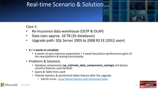 01/11/2017 61
Case 1:
• Re-Insurance data warehouse (OLTP & OLAP)
• Data sizes approx. 10 TB (35 databases)
• Upgrade path: SQL Server 2005 to 2008 R2 EE (2012 soon)
• 6 + 1 weeks to complete
• 6 weeks of very-intensive preparation + 1 week focused on performance gains of
the new platform & testing functionality.
• Problems & Solutions
• Database compression (sp_estimate_data_compression_savings) and Sparse
columns features used (tested).
• Query & Table hints used
• Filtered statistics & partitioned tables feature after the upgrade.
• SQLCAT article: Using Filtered Statistics with Partitioned Tables
 