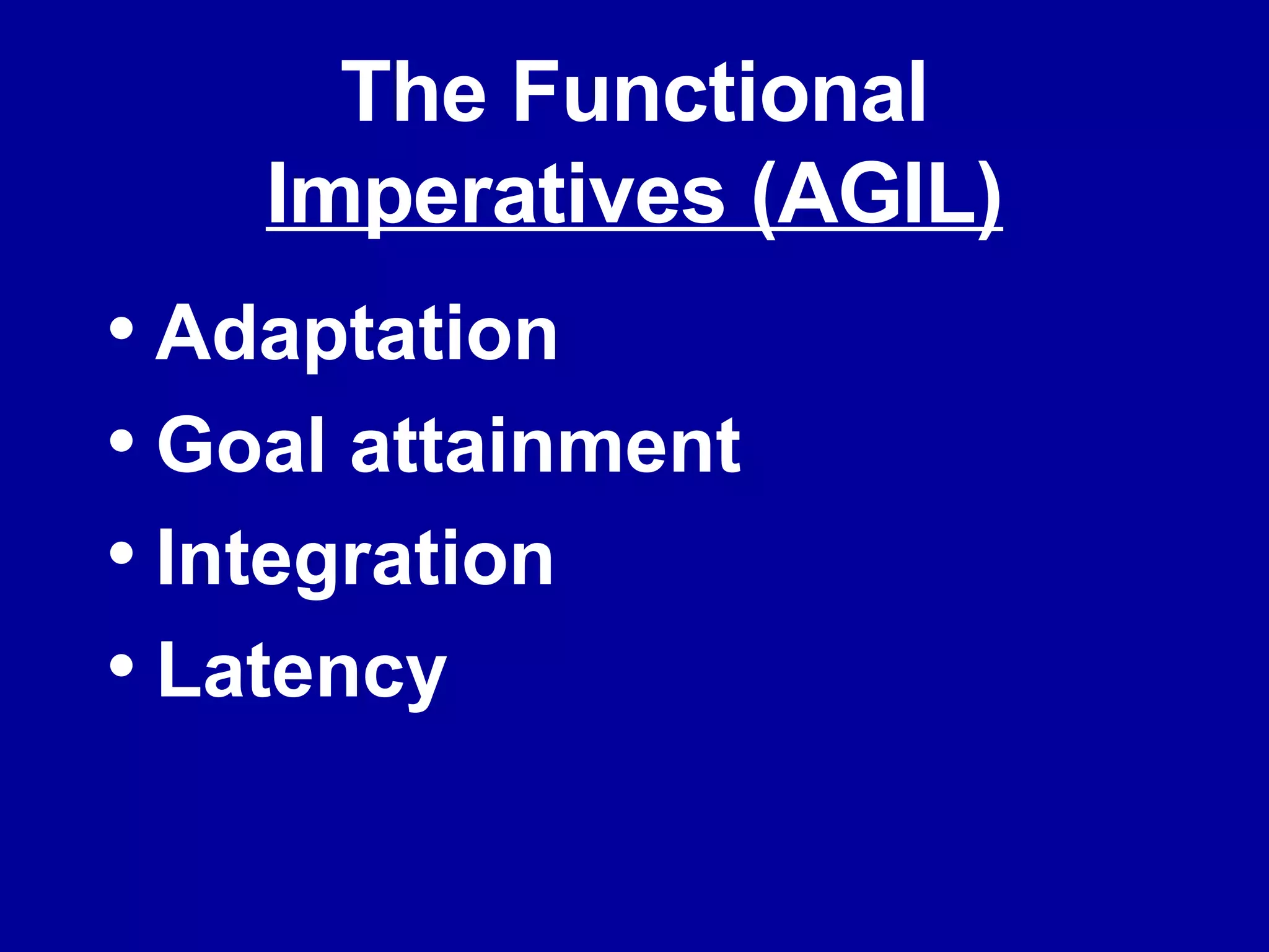 The Functional  Imperatives (AGIL) Adaptation Goal attainment  Integration Latency 