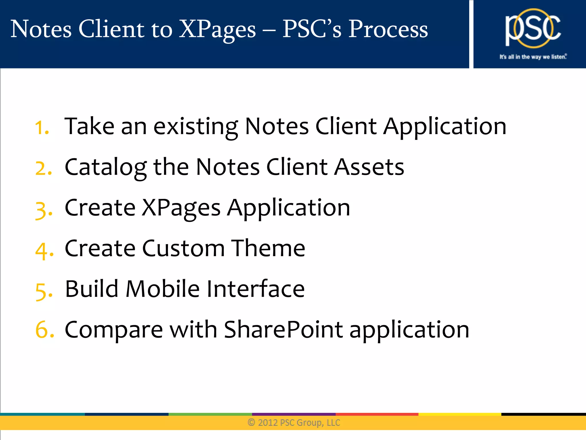 Notes Client to XPages – PSC’s Process


  1. Take an existing Notes Client Application
  2. Catalog the Notes Client Assets
  3. Create XPages Application
  4. Create Custom Theme
  5. Build Mobile Interface
  6. Compare with SharePoint application
 