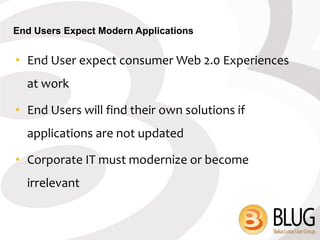 End Users Expect Modern Applications


• End User expect consumer Web 2.0 Experiences
  at work

• End Users will find their own solutions if
  applications are not updated

• Corporate IT must modernize or become
  irrelevant
 