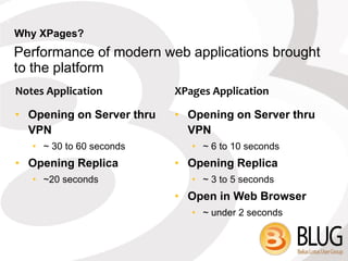 ?
    Why XPages?
    Performance of modern web applications brought
    to the platform
    Notes Application          XPages Application

    • Opening on Server thru   • Opening on Server thru
      VPN                        VPN
       • ~ 30 to 60 seconds       • ~ 6 to 10 seconds
    • Opening Replica          • Opening Replica
       • ~20 seconds              • ~ 3 to 5 seconds
                               • Open in Web Browser
                                  • ~ under 2 seconds
 