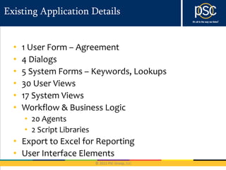 Existing Application Details


  •   1 User Form – Agreement
  •   4 Dialogs
  •   5 System Forms – Keywords, Lookups
  •   30 User Views
  •   17 System Views
  •   Workflow & Business Logic
      • 20 Agents
      • 2 Script Libraries
  • Export to Excel for Reporting
  • User Interface Elements
 