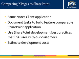 Comparing XPages to SharePoint


  • Same Notes Client application
  • Document tasks to build feature comparable
    SharePoint application
  • Use SharePoint development best practices
    that PSC uses with our customers
  • Estimate development costs
 