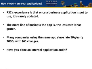 How modern are your applications?
• PSC’s experience is that once a business application is put to
use, it is rarely updated.
• The more line of business the app is, the less care it has
gotten.
• Many companies using the same app since late 90s/early
2000s with NO changes.
• Have you done an internal application audit?
 