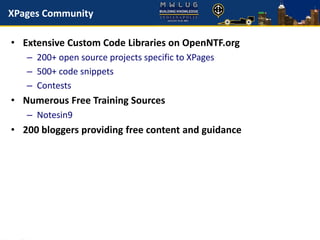 • Extensive Custom Code Libraries on OpenNTF.org
– 200+ open source projects specific to XPages
– 500+ code snippets
– Contests
• Numerous Free Training Sources
– Notesin9
• 200 bloggers providing free content and guidance
XPages Community
 