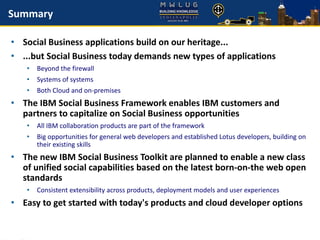 Summary
• Social Business applications build on our heritage...
• ...but Social Business today demands new types of applications
• Beyond the firewall
• Systems of systems
• Both Cloud and on-premises
• The IBM Social Business Framework enables IBM customers and
partners to capitalize on Social Business opportunities
• All IBM collaboration products are part of the framework
• Big opportunities for general web developers and established Lotus developers, building on
their existing skills
• The new IBM Social Business Toolkit are planned to enable a new class
of unified social capabilities based on the latest born-on-the web open
standards
• Consistent extensibility across products, deployment models and user experiences
• Easy to get started with today's products and cloud developer options
 