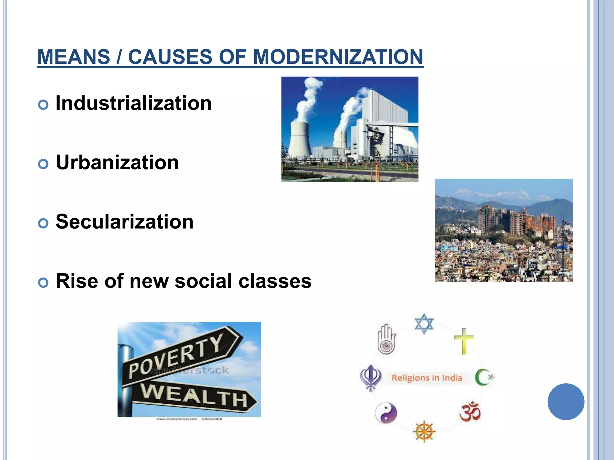 MEANS / CAUSES OF MODERNIZATION
Industrialization
Urbanization
Secularization
Rise of new social classes