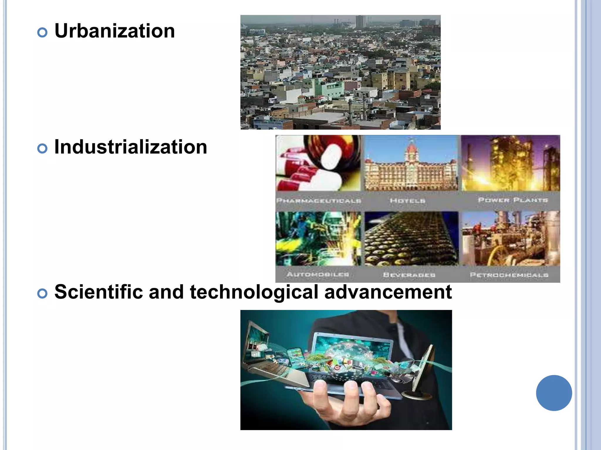  Urbanization
Industrialization
Scientific and technological advancement