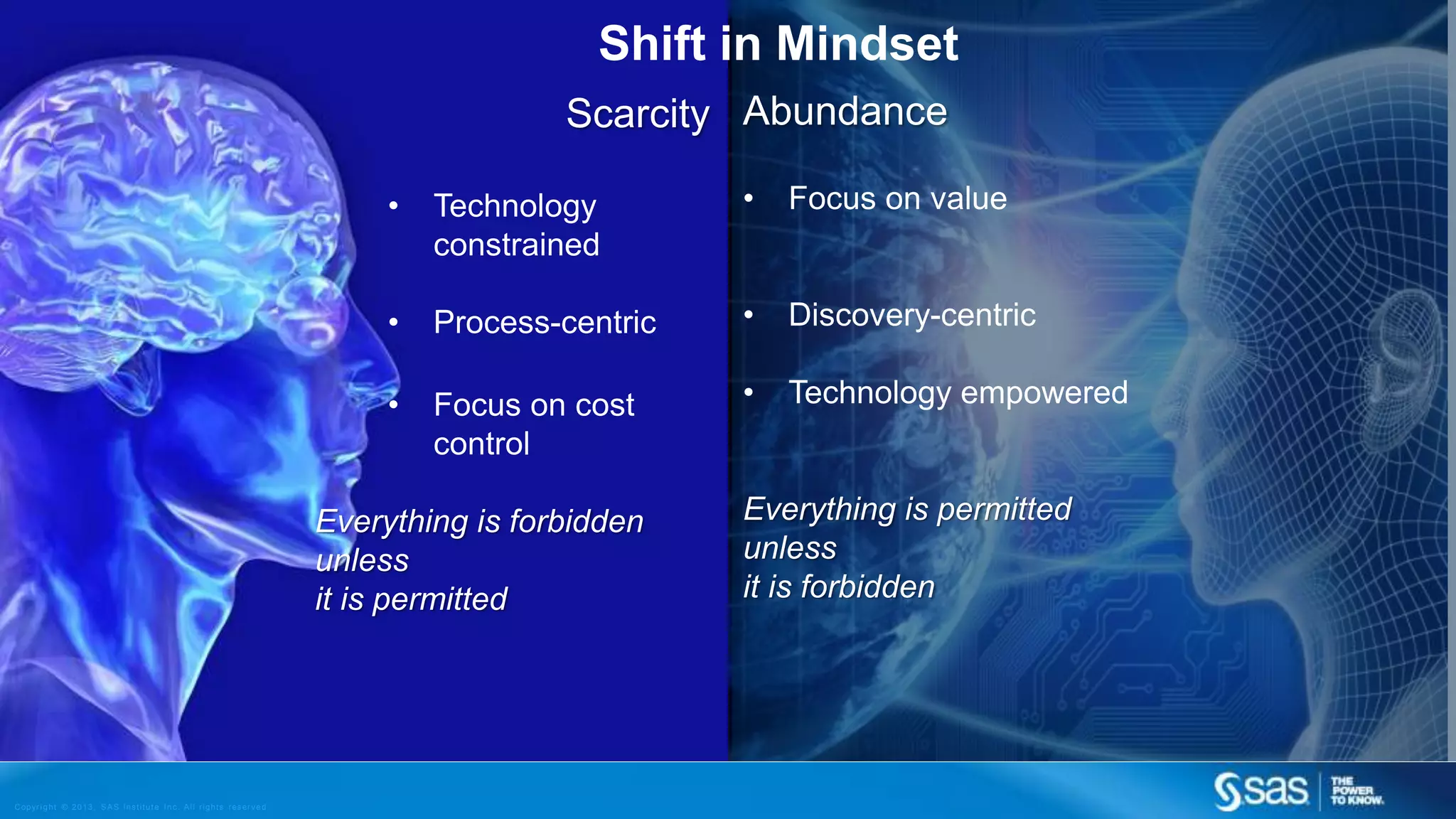 Copyr i g ht © 2013, SAS Ins t i tut e Inc . Al l r ights reser ve d . 
Shift in Mindset 
Scarcity 
• Technology 
constrained 
• Process-centric 
• Focus on cost 
control 
Everything is forbidden 
unless 
it is permitted 
Abundance 
• Focus on value 
• Discovery-centric 
• Technology empowered 
Everything is permitted 
unless 
it is forbidden 
 
