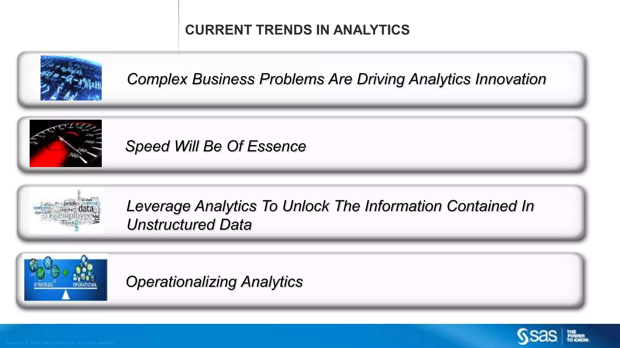 Copyr i g ht © 2013, SAS Ins t i tut e Inc . Al l r ights reser ve d . 
CURRENT TRENDS IN ANALYTICS 
Complex Business Problems Are Driving Analytics Innovation 
Speed Will Be Of Essence 
Leverage Analytics To Unlock The Information Contained In 
Unstructured Data 
Operationalizing Analytics 
 
