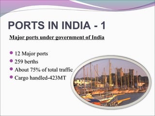 PORTS IN INDIA - 1
Major ports under government of India
12 Major ports12 Major ports
259 berths259 berths
About 75% of total trafficAbout 75% of total traffic
Cargo handled-423MTCargo handled-423MT
 