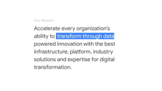Our Mission
Accelerate every organization’s
ability to transform through data
powered innovation with the best
infrastructure, platform, industry
solutions and expertise for digital
transformation.