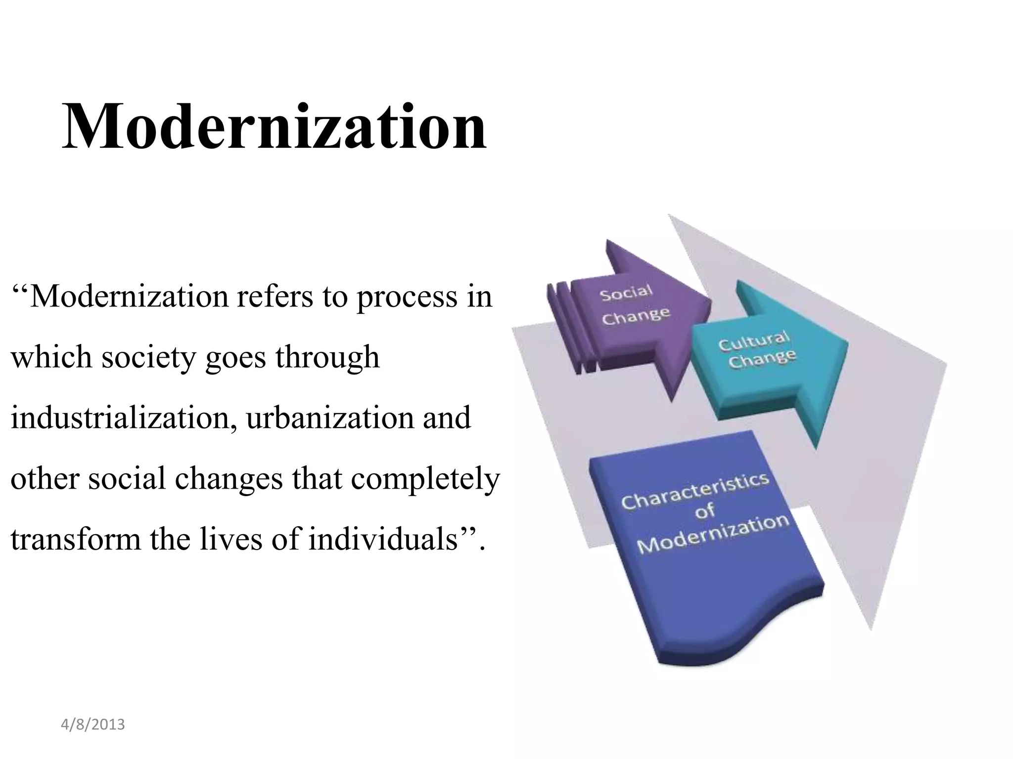 Modernization

‘‘Modernization refers to process in
which society goes through
industrialization, urbanization and
other social changes that completely
transform the lives of individuals’’.




   4/8/2013
 