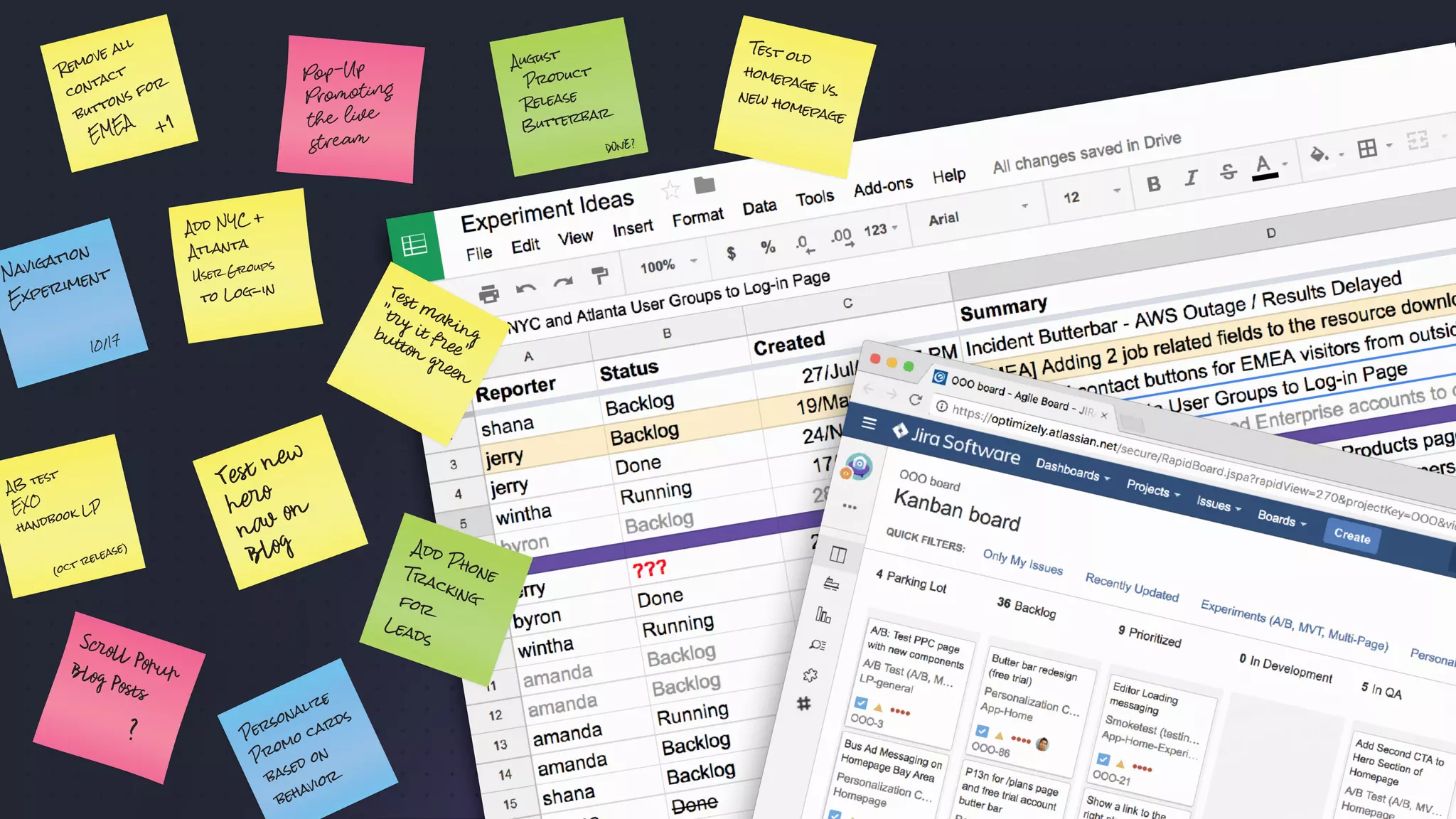 Remove all
contact
buttons for
EMEA
+1
Pop-Up
Promoting
the live
stream
Add NYC +
Atlanta
User Groups
to Log-in
10/17
Navigation
Experiment
(oct release)
AB test
EXO
handbook LP
Test new
hero
nav on
Blog
Scroll PopupBlog Posts
? Personalize
Promo cards
based on
behavior
August
Product
Release
Butterbar
DONE?
Test making
"try it free"
button green
Add PhoneTrackingfor
Leads
Test old
homepage vs.new homepage
 