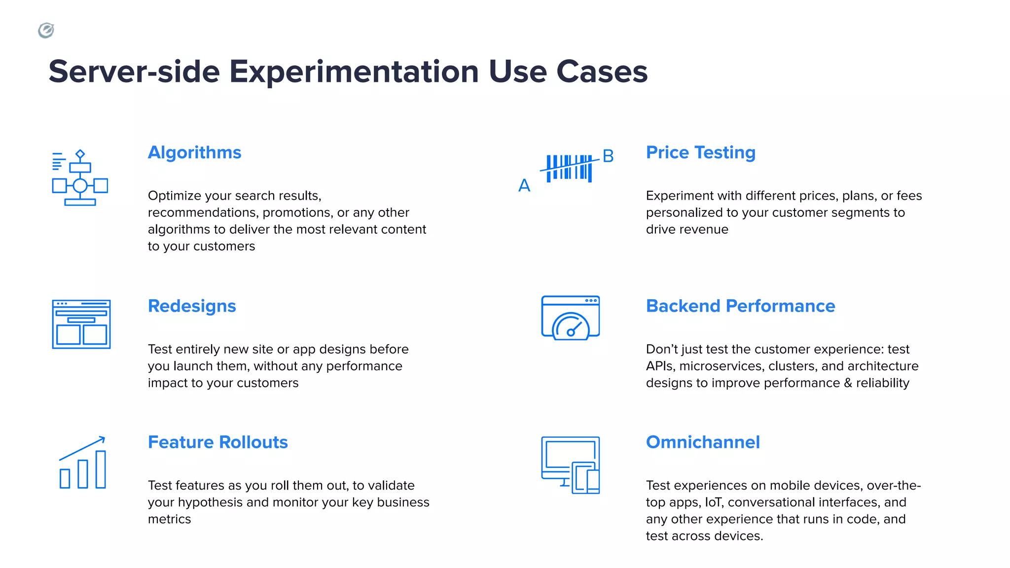 Algorithms
Optimize your search results,
recommendations, promotions, or any other
algorithms to deliver the most relevant content
to your customers
Redesigns
Test entirely new site or app designs before
you launch them, without any performance
impact to your customers
Feature Rollouts
Test features as you roll them out, to validate
your hypothesis and monitor your key business
metrics
Price Testing
Experiment with different prices, plans, or fees
personalized to your customer segments to
drive revenue
Backend Performance
Don’t just test the customer experience: test
APIs, microservices, clusters, and architecture
designs to improve performance & reliability
Omnichannel
Test experiences on mobile devices, over-the-
top apps, IoT, conversational interfaces, and
any other experience that runs in code, and
test across devices.
Server-side Experimentation Use Cases
A
B
 