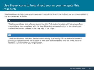 Info-Tech Research Group 16Info-Tech Research Group 16
Use these icons to help direct you as you navigate this
research
This icon denotes a slide where a supporting Info-Tech tool or template will help you perform
the activity or step associated with the slide. Refer to the supporting tool or template to get
the best results and proceed to the next step of the project.
This icon denotes a slide with an associated activity. The activity can be performed either as
part of your project or with the support of Info-Tech team members, who will come onsite to
facilitate a workshop for your organization.
Use these icons to help guide you through each step of the blueprint and direct you to content related to
the recommended activities.
 