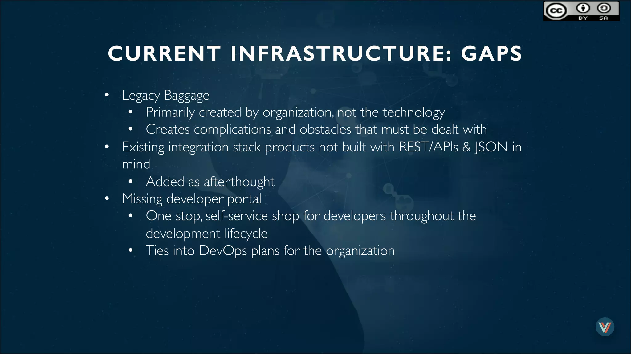 CURRENT INFRASTRUCTURE: GAPS!
•  Legacy Baggage
•  Primarily created by organization, not the technology
•  Creates complications and obstacles that must be dealt with
•  Existing integration stack products not built with REST/APIs & JSON in
mind
•  Added as afterthought
•  Missing developer portal
•  One stop, self-service shop for developers throughout the
development lifecycle
•  Ties into DevOps plans for the organization
 
