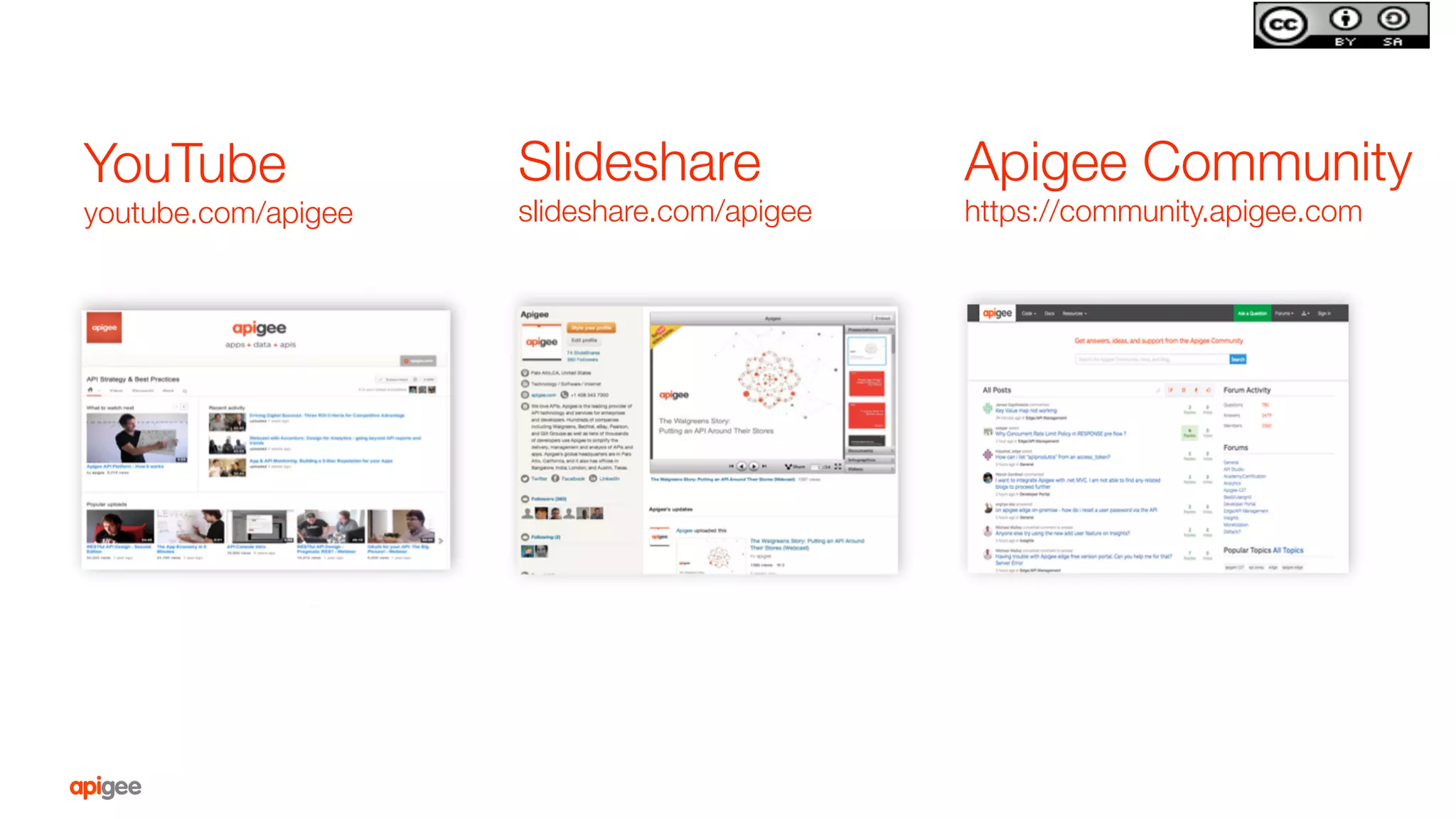 Slideshare
slideshare.com/apigee
Apigee Community
https://community.apigee.com
YouTube"
youtube.com/apigee
 