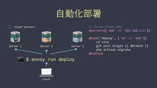 ⾃自動化部署
Local
$	
  envoy	
  run	
  deploy
Server	
  3Server	
  1 Server	
  2
Cloud	
  Servers //	
  Envoy.blade.php	
  
@servers(['web'	
  =>	
  '192.168.1.1'])	
  
@task('deploy',	
  ['on'	
  =>	
  'web'])	
  
	
  	
  	
  	
  cd	
  site	
  
	
  	
  	
  	
  git	
  pull	
  origin	
  {{	
  $branch	
  }}	
  
	
  	
  	
  	
  php	
  artisan	
  migrate	
  
@endtask
 