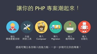 讓你的 PHP 專案潮起來！
優化
環境建置流程
升級
開發⼯工具
導⼊入
Composer
導⼊入
Migration
導⼊入
適⽤用框架
導⼊入
⾃自動化
透過可獨⽴立各別導⼊入的施⼒力點，⼀一步⼀一步現代化你的專案！
 