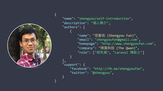 {	
  
	
  	
  	
  	
  "name":	
  "shengyou/self-­‐introduction",	
  
	
  	
  	
  	
  "description":	
  "個⼈人簡介",	
  
	
  	
  	
  	
  "authors":	
  [	
  
	
  	
  	
  	
  	
  	
  	
  	
  {	
  
	
  	
  	
  	
  	
  	
  	
  	
  	
  	
  	
  	
  "name":	
  "范聖佑	
  (Shengyou	
  Fan)",	
  
	
  	
  	
  	
  	
  	
  	
  	
  	
  	
  	
  	
  "email":	
  "shengyoufan@gmail.com",	
  
	
  	
  	
  	
  	
  	
  	
  	
  	
  	
  	
  	
  "homepage":	
  "http://www.shengyoufan.com",	
  
	
  	
  	
  	
  	
  	
  	
  	
  	
  	
  	
  	
  "company":	
  "得寬科技	
  (The	
  Qwan)",	
  
	
  	
  	
  	
  	
  	
  	
  	
  	
  	
  	
  	
  "role":	
  ["研究員",	
  "Laravel	
  傳教⼠士"]	
  
	
  	
  	
  	
  	
  	
  	
  	
  }	
  
	
  	
  	
  	
  ],	
  
	
  	
  	
  	
  "support":	
  {	
  
	
  	
  	
  	
  	
  	
  	
  	
  "facebook":	
  "http://fb.me/shengyoufan",	
  
	
  	
  	
  	
  	
  	
  	
  	
  "twitter":	
  "@shengyou",	
  
	
  	
  	
  	
  }	
  
}
 