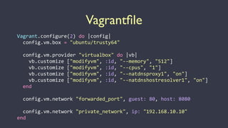 Vagrantﬁle
Vagrant.configure(2)	
  do	
  |config|	
  
	
  	
  config.vm.box	
  =	
  "ubuntu/trusty64"	
  
	
  	
  config.vm.provider	
  "virtualbox"	
  do	
  |vb|	
  
	
  	
  	
  	
  vb.customize	
  ["modifyvm",	
  :id,	
  "-­‐-­‐memory",	
  "512"]	
  
	
  	
  	
  	
  vb.customize	
  ["modifyvm",	
  :id,	
  "-­‐-­‐cpus",	
  "1"]	
  
	
  	
  	
  	
  vb.customize	
  ["modifyvm",	
  :id,	
  "-­‐-­‐natdnsproxy1",	
  "on"]	
  
	
  	
  	
  	
  vb.customize	
  ["modifyvm",	
  :id,	
  "-­‐-­‐natdnshostresolver1",	
  "on"]	
  
	
  	
  end	
  
	
  	
  config.vm.network	
  "forwarded_port",	
  guest:	
  80,	
  host:	
  8080	
  
	
  	
  config.vm.network	
  "private_network",	
  ip:	
  "192.168.10.10"	
  
end
 