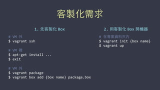 客製化需求
#	
  VM	
  外	
  
$	
  vagrant	
  ssh	
  
#	
  VM	
  裡	
  
$	
  apt-­‐get	
  install	
  ...	
  
$	
  exit	
  
#	
  VM	
  外	
  
$	
  vagrant	
  package	
  
$	
  vagrant	
  box	
  add	
  {box	
  name}	
  package.box
#	
  在專案資料夾內	
  
$	
  vagrant	
  init	
  {box	
  name}	
  
$	
  vagrant	
  up
1. 先客製化 Box 2. ⽤用客製化 Box 開機器
 