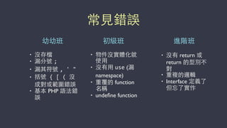 常⾒見錯誤
幼幼班 初級班 進階班
• 沒存檔
• 漏分號 ;
• 漏其符號 ,	
  '	
  "
• 括號	
  {	
  [	
  (	
  沒
成對或範圍錯誤
• 基本 PHP 語法錯
誤
• 物件沒實體化就
使⽤用
• 沒有⽤用 use (漏
namespace)
• 重覆的 function
名稱
• undeﬁne function
• 沒有 return 或
return 的型別不
對
• 重複的邏輯
• Interface 定義了
但忘了實作
 